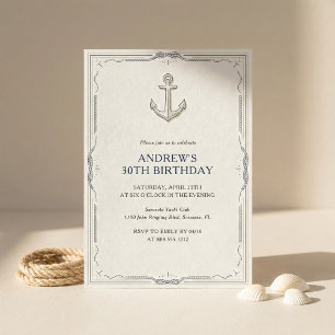 Nautical Anchor Navy Blue Mens Birthday Party Invitation