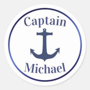 Nautical Anchor Navy Blue Metallic Captain Name Classic Round Sticker