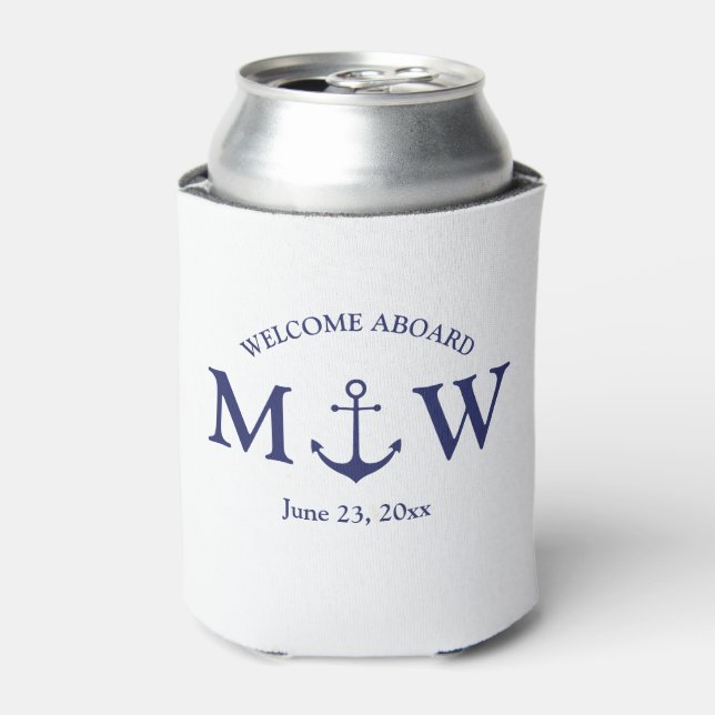 Nautical anchor navy blue monogram wedding favours can cooler (Can Front)