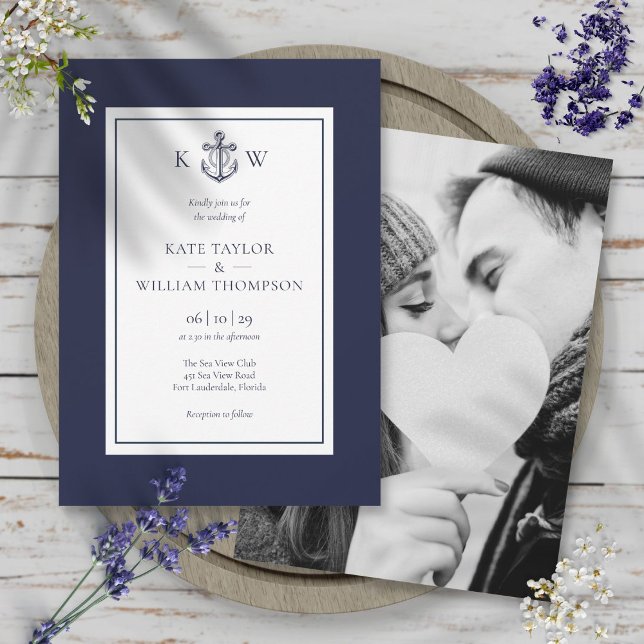 Nautical Anchor Navy Blue Monogram Wedding Photo Invitation (Nautical Anchor Navy Blue Monogram Wedding Photo Invitation)