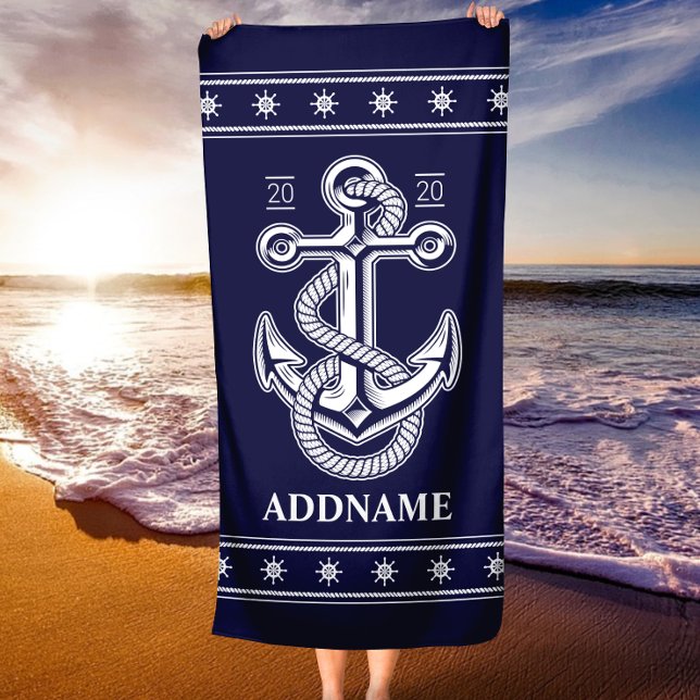 Nautical Anchor Navy Blue Personalised Beach Towel (Nautical Anchor Navy Blue Personalized Beach Towel)