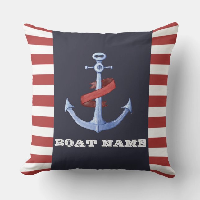 Nautical Anchor Navy Blue,Red Stripes Cushion (Front)