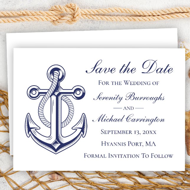 Nautical Anchor Navy Blue Save the Date Wedding Invitation (Creator Uploaded)