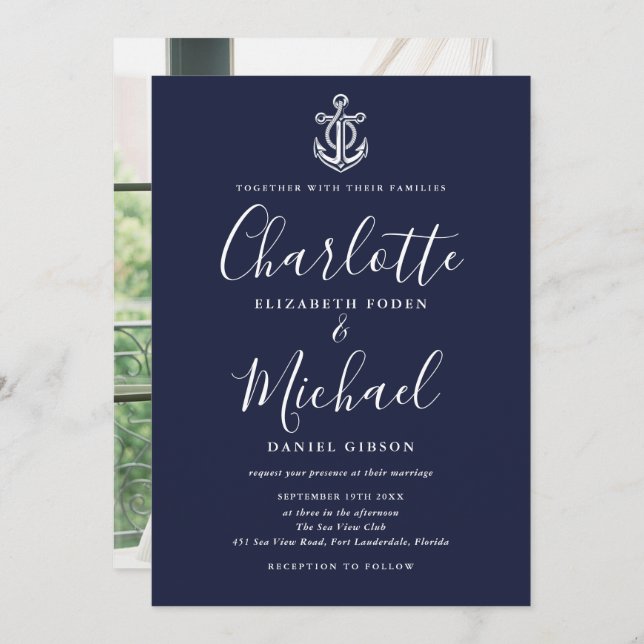 Nautical Anchor Navy Blue Script Photo Wedding Invitation (Front/Back)