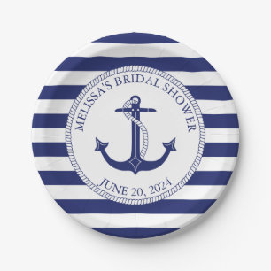 Nautical Anchor Navy Blue Stripe Bridal Shower Paper Plate