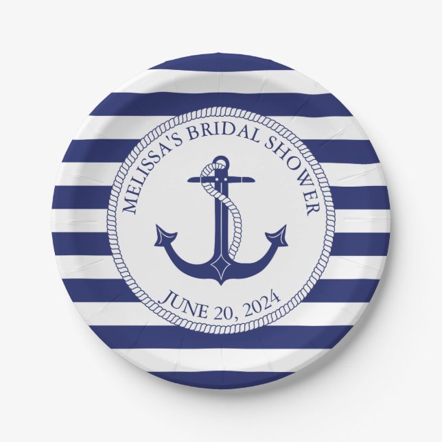 Nautical Anchor Navy Blue Stripe Bridal Shower Paper Plate (Front)