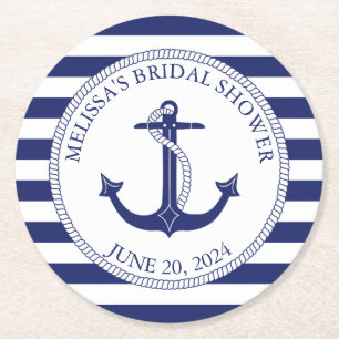 Nautical Anchor Navy Blue Stripe Bridal Shower Round Paper Coaster