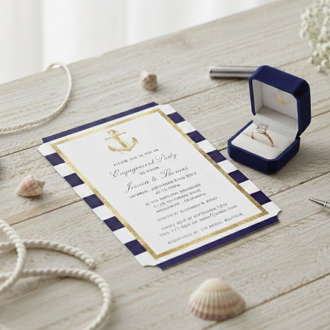 Nautical Anchor Navy Blue Stripe Engagement Party  Invitation (Creator Uploaded)