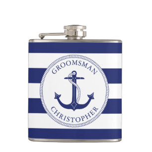 Nautical Anchor Navy Blue Stripe Groomsman Hip Flask