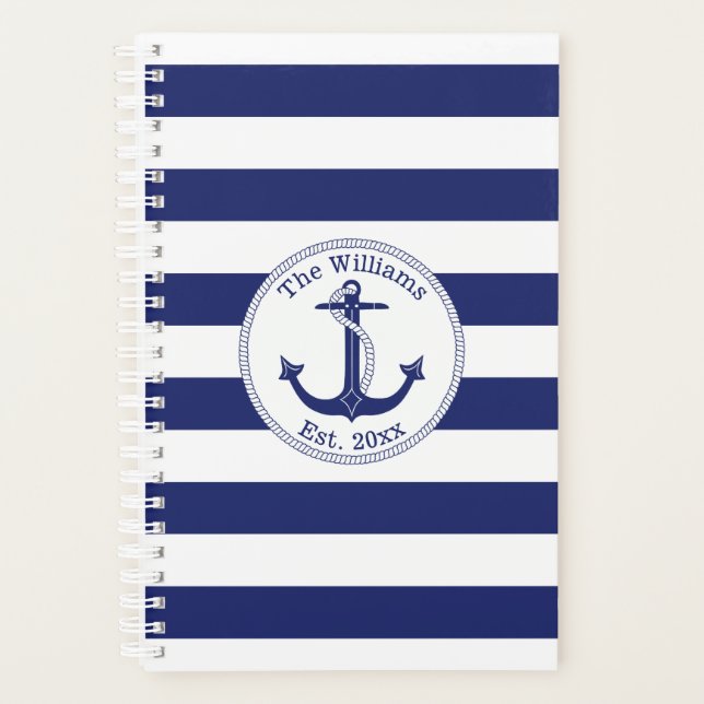 Nautical Anchor Navy Blue Stripe Planner (Front)