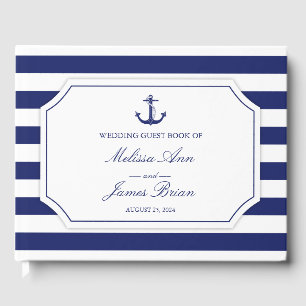 Nautical Anchor Navy Blue Stripe Wedding Guest Book