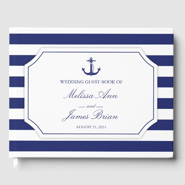 Nautical Anchor Navy Blue Stripe Wedding Guest Book (Front)