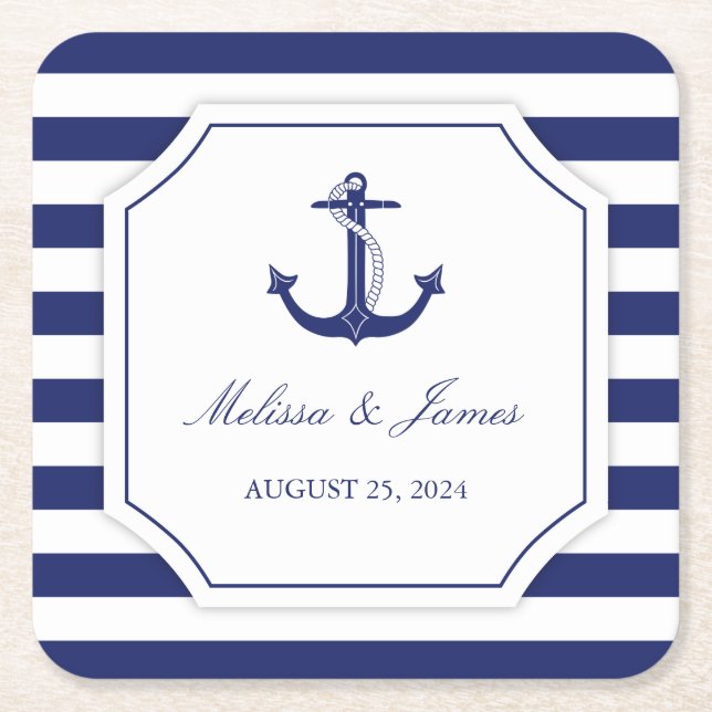 Nautical Anchor Navy Blue Stripe Wedding Square Paper Coaster (Front)