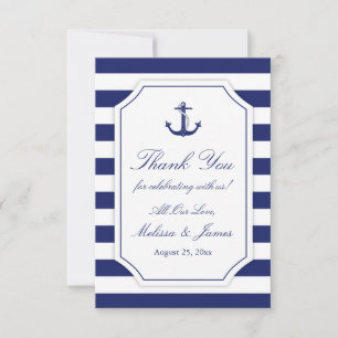 Nautical Anchor Navy Blue Stripe Wedding Thank You Card