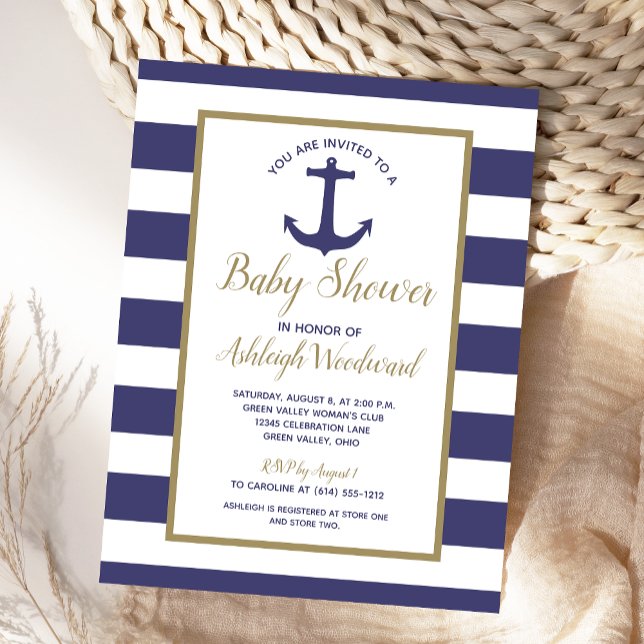 Nautical Anchor Navy Blue Striped Boy Baby Shower Invitation Postcard (Creator Uploaded)