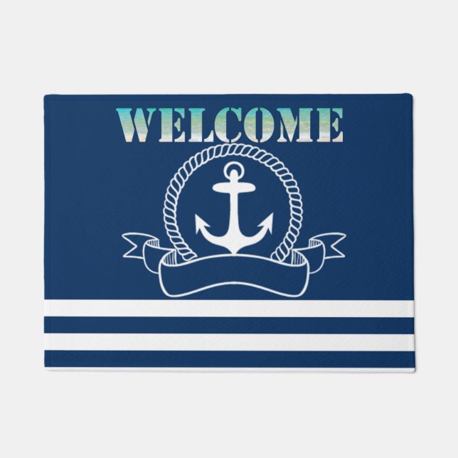 Nautical Anchor Navy Blue Striped Doormat (Front)