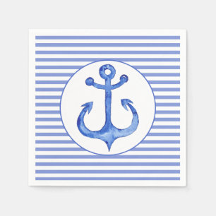Nautical Anchor - Navy Blue Striped Paper Napkins