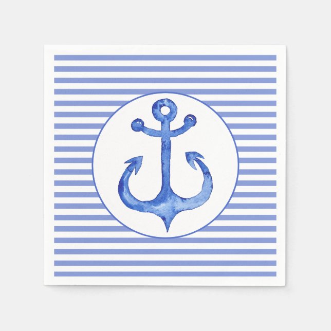 Nautical Anchor - Navy Blue Striped Paper Napkins (Front)