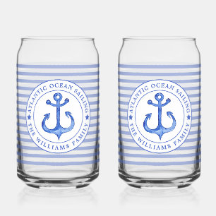 Nautical Anchor Navy Blue Striped Personalised Can Glass