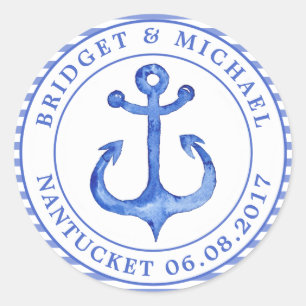 Nautical Anchor - Navy Blue Striped Personalised Classic Round Sticker