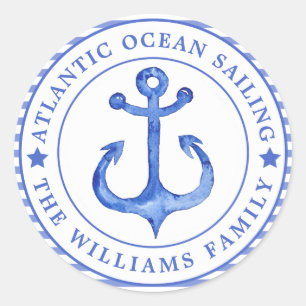 Nautical Anchor Navy Blue Striped Personalised Classic Round Sticker