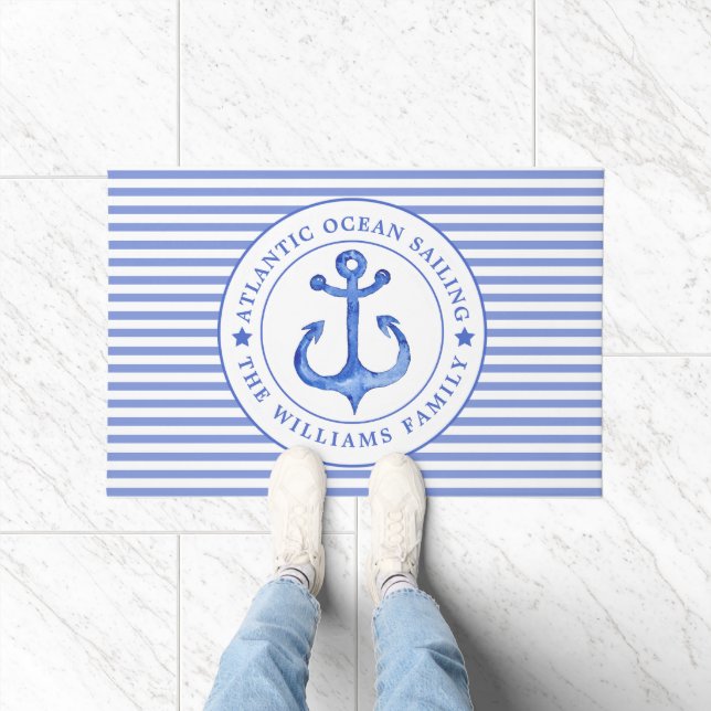 Nautical Anchor Navy Blue Striped Personalised Doormat (Indoor)