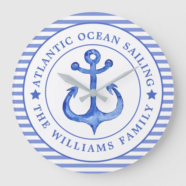 Nautical Anchor Navy Blue Striped Personalised Large Clock (Front)