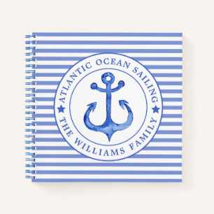 Nautical Anchor Navy Blue Striped Personalised Notebook
