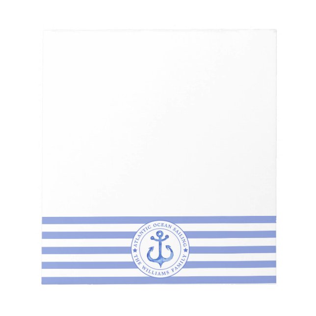 Nautical Anchor Navy Blue Striped Personalised Notepad (Front)