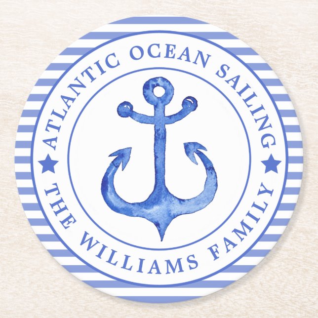 Nautical Anchor Navy Blue Striped Personalised Round Paper Coaster (Front)