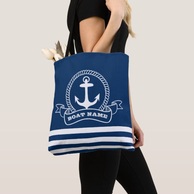 Nautical Anchor Navy Blue Striped  Tote Bag (Close Up)