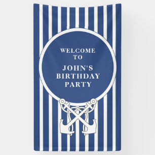 Nautical Anchor Navy Blue Stripes Birthday Banner