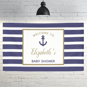 Nautical Anchor Navy Blue Stripes Boy Baby Shower Banner