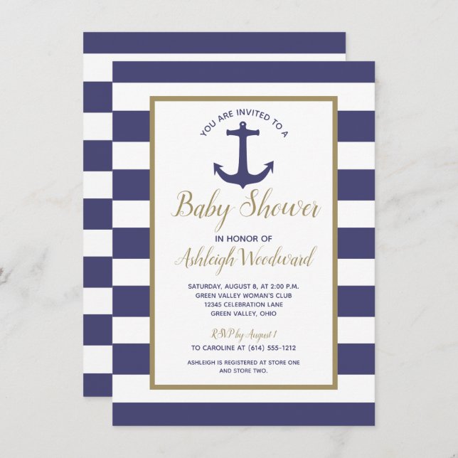 Nautical Anchor Navy Blue Stripes Boy Baby Shower Invitation (Front/Back)
