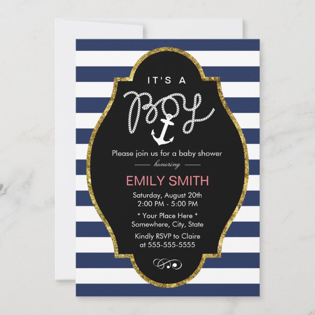 Nautical Anchor Navy Blue Stripes Boy Baby Shower Invitation (Front)