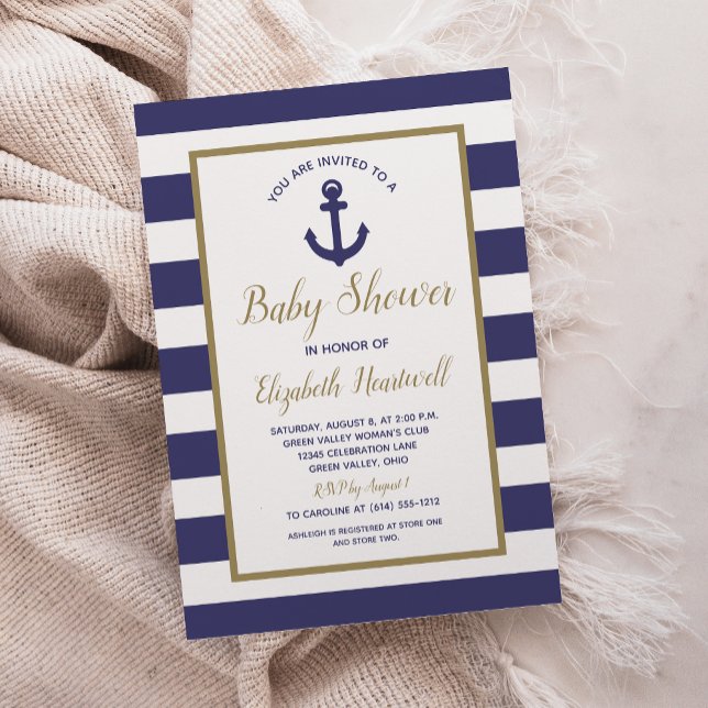Nautical Anchor Navy Blue Stripes Boy Baby Shower Invitation (Creator Uploaded)