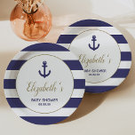Nautical Anchor Navy Blue Stripes Boy Baby Shower Paper Plate<br><div class="desc">This boy's baby shower paper plate features a navy blue anchor in a faux gold-bordered circle on a background of navy blue and white stripes. Inside the circle, the name of the mom-to-be appears in faux gold cursive script typography. The words "Baby Shower" and the date appear below in gray...</div>