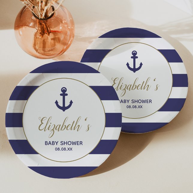 Nautical Anchor Navy Blue Stripes Boy Baby Shower Paper Plate (Creator Uploaded)