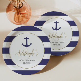 Nautical Anchor Navy Blue Stripes Boy Baby Shower Paper Plate