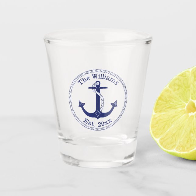 Nautical Anchor Navy Blue Stripes Family Monogram Shot Glass (Front)