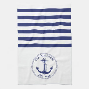 Nautical Anchor Navy Blue Stripes Family Monogram Tea Towel
