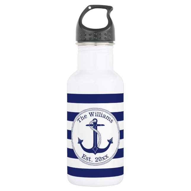 Nautical Anchor Navy Blue Stripes Family Name 532 Ml Water Bottle (Front)