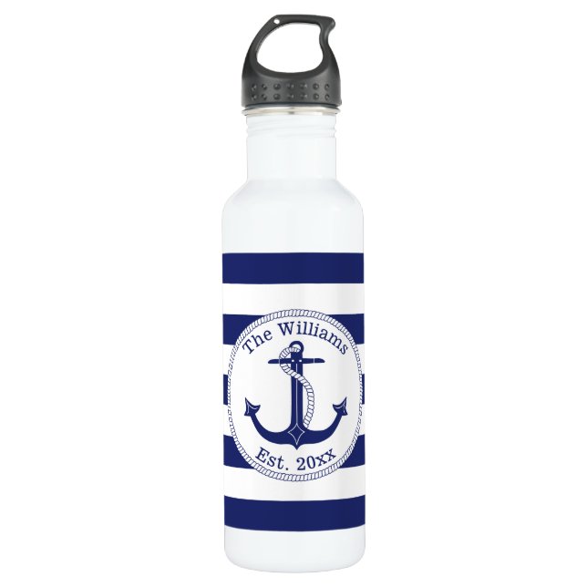 Nautical Anchor Navy Blue Stripes Family Name 710 Ml Water Bottle (Front)