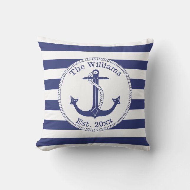 Nautical Anchor Navy Blue Stripes Family Name Cushion (Front)