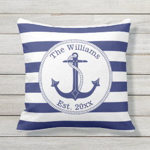 Nautical Anchor Navy Blue Stripes Family Name Cushion