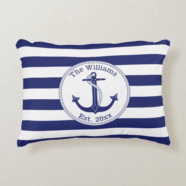 Nautical Anchor Navy Blue Stripes Family Name Decorative Cushion (Front)