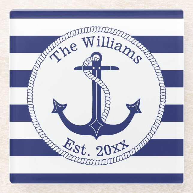 Nautical Anchor Navy Blue Stripes Family Name Glass Coaster (Front)