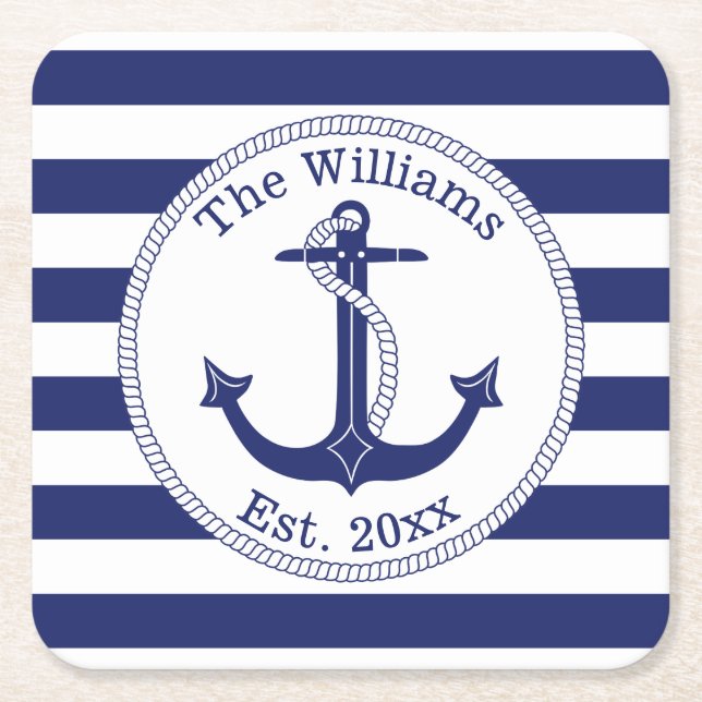 Nautical Anchor Navy Blue Stripes Family Name Square Paper Coaster (Front)