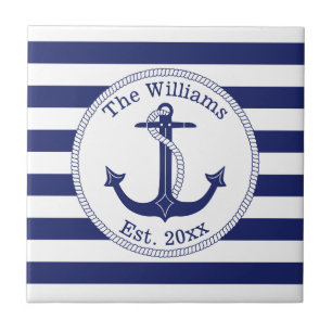Nautical Anchor Navy Blue Stripes Family Name Tile