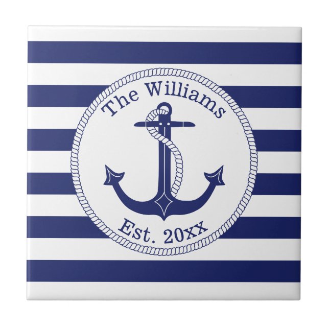 Nautical Anchor Navy Blue Stripes Family Name Tile (Front)